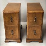 ART DECO BEDSIDE CHESTS, a pair, burr walnut each with two drawers, 28cm x 57cm x 61cm H. (2)