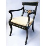 REGENCY STYLE ARMCHAIR, Regency style green and parcel gilt with cane seat, 52cm W.