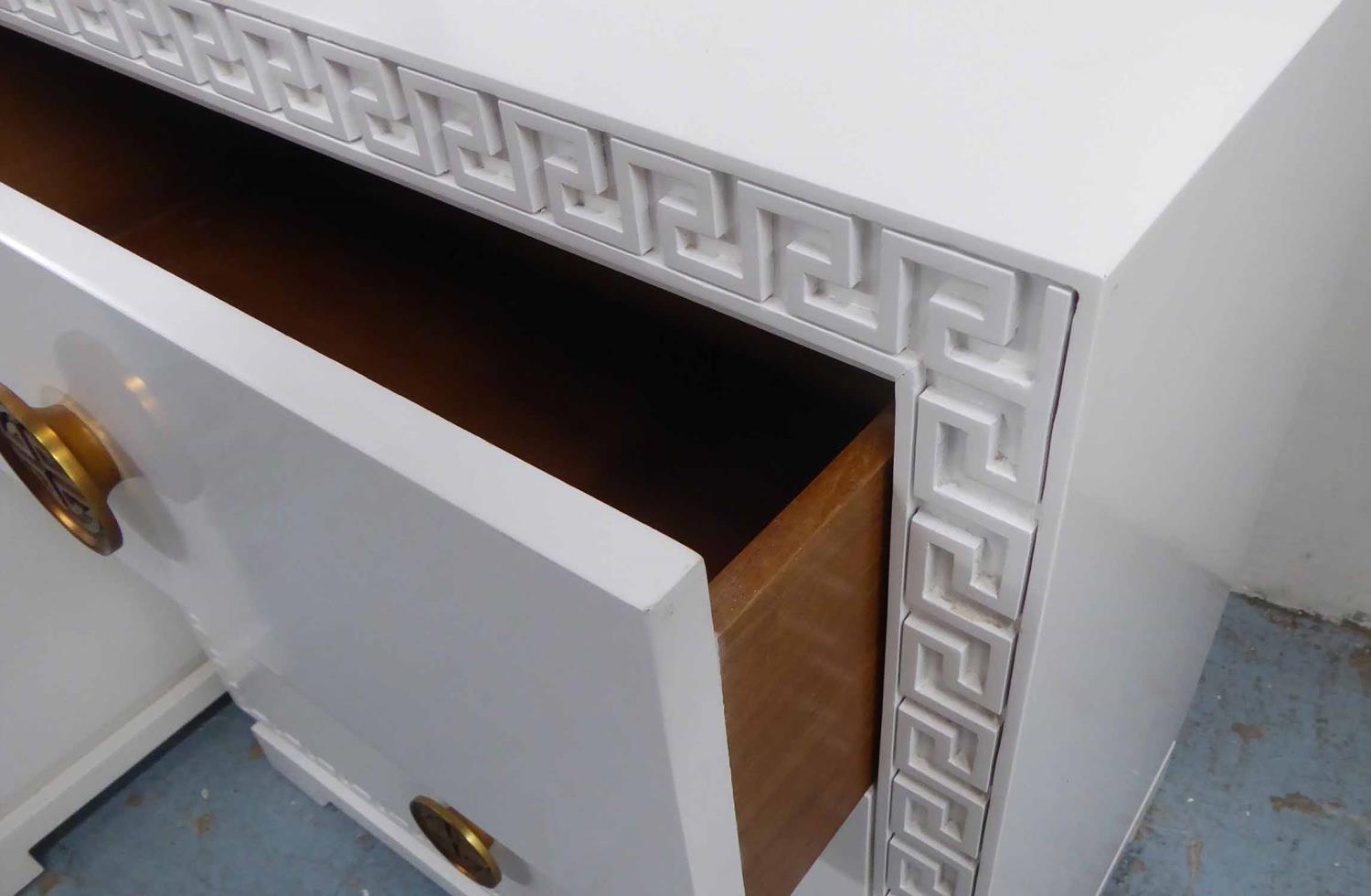 SIDE CHESTS, a pair, white with greek key border and two drawers with decorative handles, 71cm x - Image 2 of 7