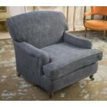 ARMCHAIR, Howard style with seat cushion in blue Edinburgh chenille velvet on castors, 90cm W.