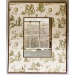 WALL MIRROR, French Chateau style rectangular with broad 'Toile de Jouy' sage green cotton frame,