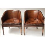LIBRARY ARMCHAIRS, a pair, George III design hand dyed studded brown leather, 65cm W. (2)