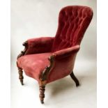 SLIPPER ARMCHAIR, Victorian rosewood with button claret and faded buttoned velvet, 70cm W.