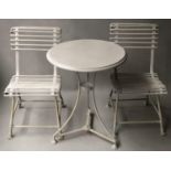 ARRAS STYLE GARDEN CHAIRS, a pair, painted bent and wrought iron slatted with paw supports