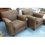 ARMCHAIRS, a pair, brown traditional style, Alcantara fabric upholstery, each 88cm W. (2)