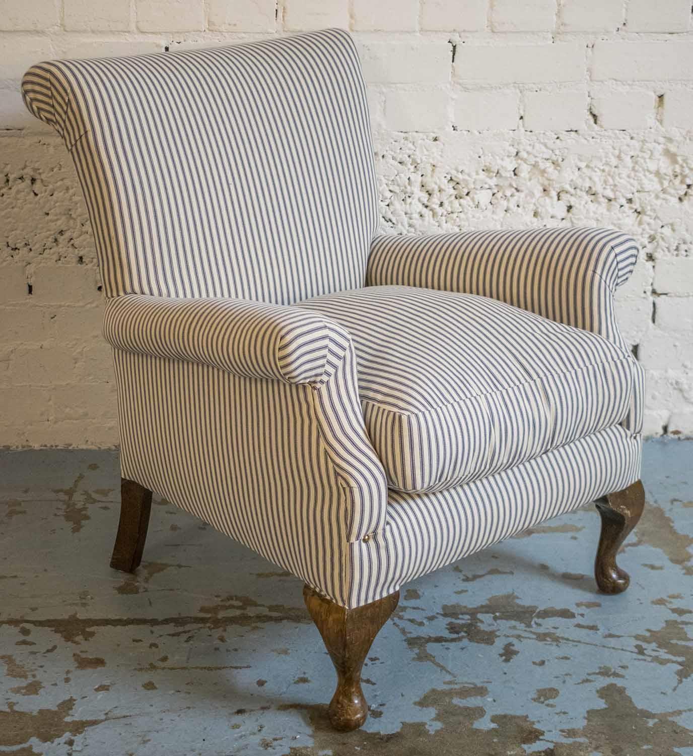 ARMCHAIR, Georgian style beechwood with cushion seat in blue and white ticking upholstery, 69cm W.