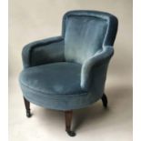 SLIPPER ARMCHAIR, Edwardian mahogany with sapphire blue velvet plush upholstery, 68cm H.