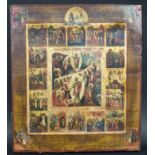 19th CENTURY RUSSIAN ICON 'Life of Christ', on wood panel, 355cm x 31cm, with restoration on upper