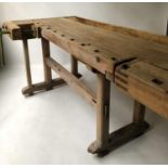 WORKBENCH, early 20th century German beech and hardwood with twin vices, 220cm x 95cm x 80cm H.