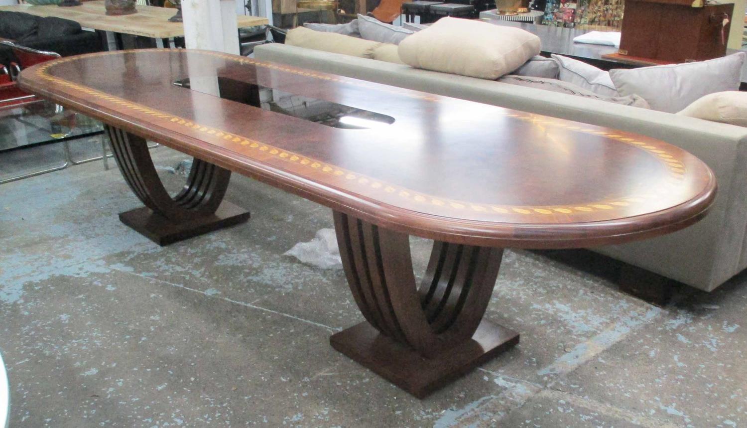 DINING TABLE, burr walnut with inlaid leaf border and smoked mirrored central panel, 345cm x 105cm x