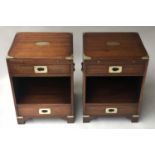 CAMPAIGN STYLE BEDSIDE CHESTS, a pair, mahogany and brass bound each with two drawers and