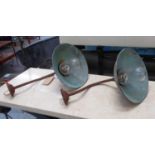WALL LIGHTS, a pair, vintage 20th century metal with glass domes enclosing light fittings, 60cm Deep