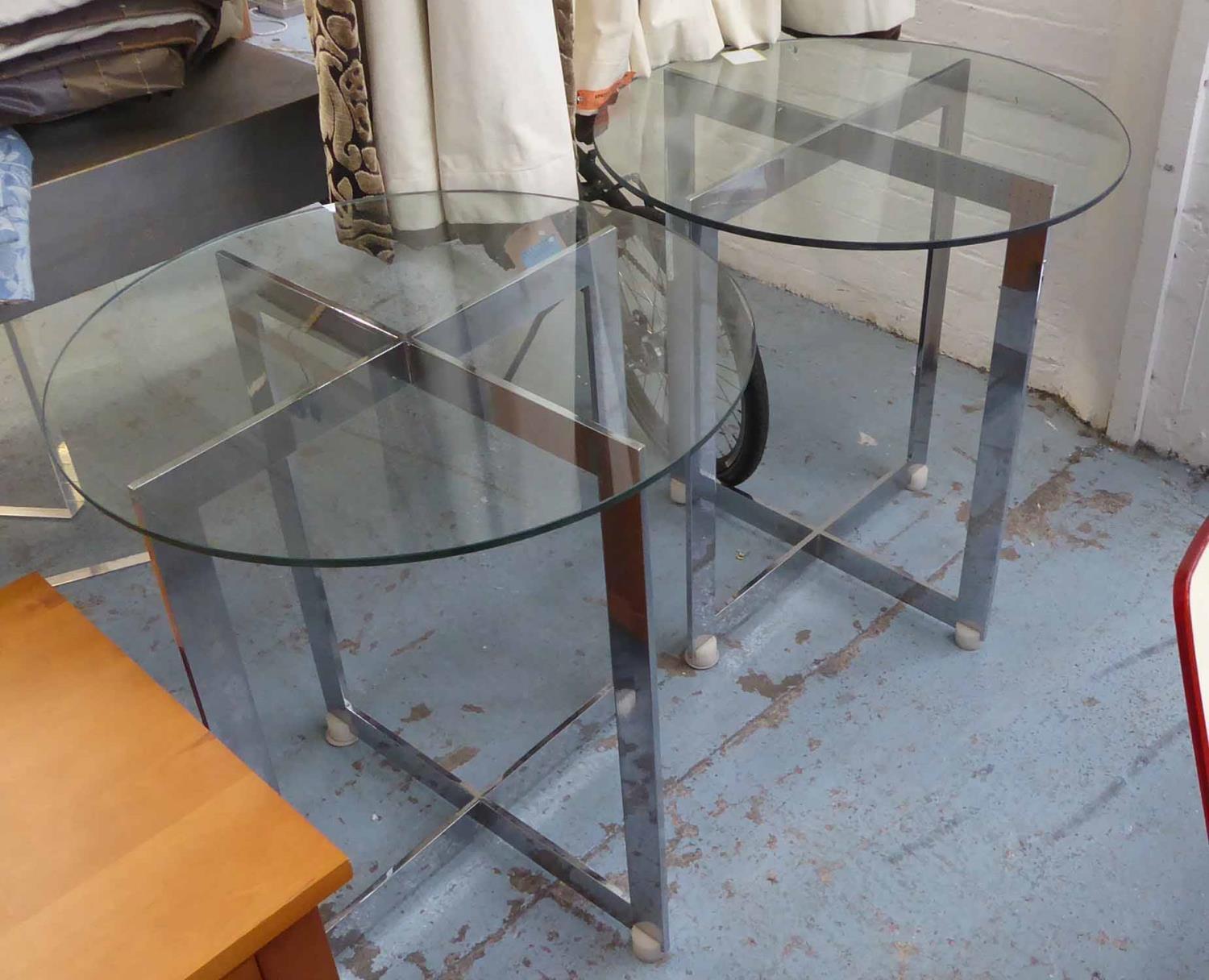 SIDE TABLES, a pair, contemporary design, polished metal, with tempered glass tops, 73cm H (slight