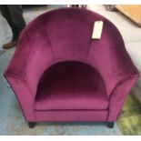 TUB CHAIR, in crimson velvet upholstery with wave patterned detail on splayed legs, 80cm W x 70cm