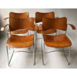 HOWE STYLE DINING ARMCHAIRS, a set of four stacking bentwood and chromium framed with arms, 76cm