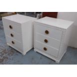 SIDE CHESTS, a pair, white with greek key border and two drawers with decorative handles, 71cm x