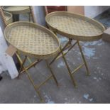 SIDE TABLES, a pair, fold up, feather design tops, gilt metal, 67cm H. (2)