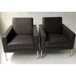 WALTER KNOLL ARMCHAIRS, a pair, deep brown leather upholstered, with chrome frame supports, 72cm