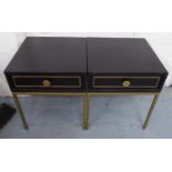 SIDE TABLES, a pair, 1970's Italian style, ebonised and gilt one drawer on each, 40cm x 40cm x 49cm.