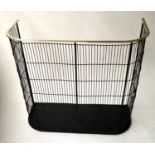 NURSERY FENDER, 19th century black painted iron lattice mesh and brass bound, 77cm W x 71cm H.