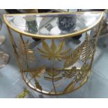 DEMI LUNE CONSOLE TABLE, gilt metal with mirrored top.