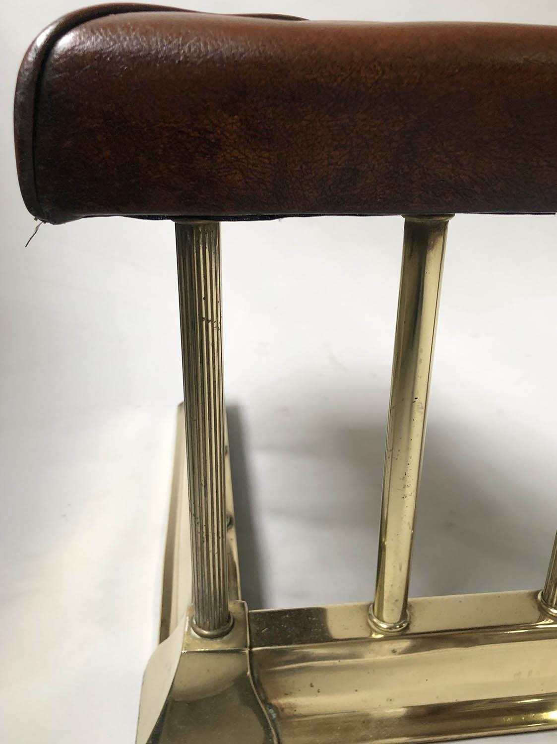 CLUB FENDER, Victorian style brass with buttoned brown leather pads and balustrade support, 140cm - Image 4 of 6