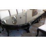 DINING TABLE, ebonised, extendable with two leaves glass top covers included, 332cm x 132cm x 79cm