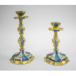 ITALIAN PORCELAIN CANDLESTICKS, a pair, faux malachite, marble and gilt, with bird decoration on
