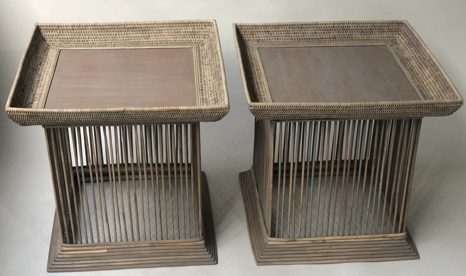 SIDE TABLES, a pair, beach house grey washed cane and rattan, 51cm x 51cm x 52cm H.