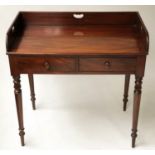 WRITING TABLE, early Victorian figured mahogany with handle pierced 3/4 gallery and two drawers,