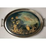 TRAY, oval silvered metal galleried and handles with gilt Chinoiserie inset panel stamped H F & Co