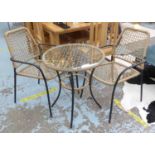 BISTRO DINING SET, faux rattan, metal and glass, includes two chairs and table. (3)