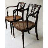 ELBOW CHAIRS, a pair, George III design Sheraton style mahogany with cane panelled seats, 57cm W. (