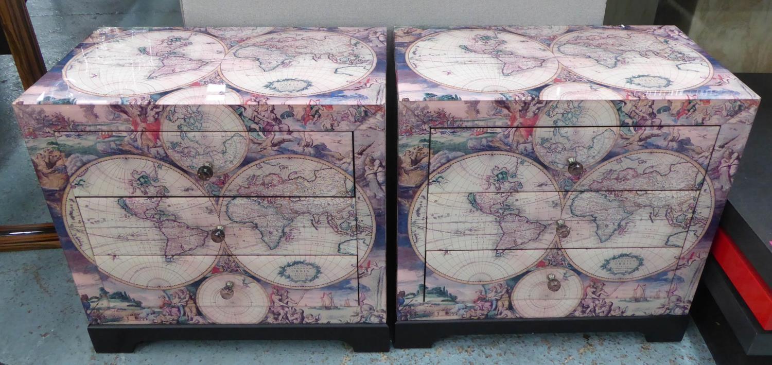 SIDE CHESTS, a pair, vintage style map design, diamonte handles, 61cm x 40cm x 59cm. (slight faults)