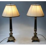 LAMPS, a pair, Empire style resin with faux marble column and gilt stepped plinths, 79cm H. (2)