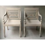 VERANDA ARMCHAIRS, a pair, early 20th century teak and grey washed and painted with pierced back and