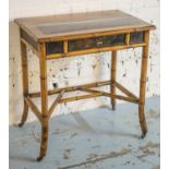 WRITING TABLE, Victorian bamboo, walnut and Japanned with leather surface, drawer and castors,