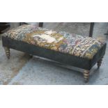 HEARTH STOOL, tapestry style unicorn design and grey velvet upholstered, 35cm H x 117cm x 47cm.