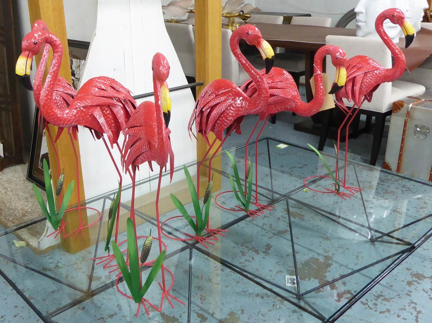 FLAMINGOS, a set of six, painted metal. (6)