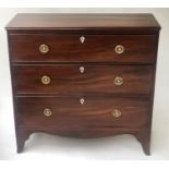 HALL CHEST, Regency figured mahogany of adapted shallow proportions with three graduated drawers,