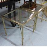 SIDE TABLES, a pair, Maison Jansen style each with a square glass top joined by an 'x' stretcher,