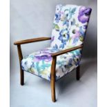 EASY ARMCHAIR, 1960's beech with violet and blue cotton upholstery, 64cm W.