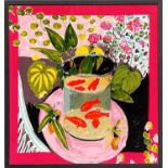 HENRI MATISSE 'Goldfishes', silk, 80cm x 75cm, framed and glazed.