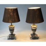 LAMPS, a pair, Art Deco veined arabiscata marble of vase form on stepped plinth with shades, 56cm H.