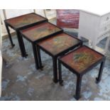 CHINESE QUARTETTO TABLES, red and black lacquered, Chinoiserie decorated with figures and trees, the