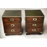 CAMPAIGN STYLE BEDSIDE CHESTS, a pair, mahogany and brass bound, each with three drawers and