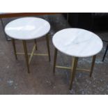 SIDE TABLES, a pair, gilt metal with circular white marble tops, 45cm H x 43cm diam. (2)