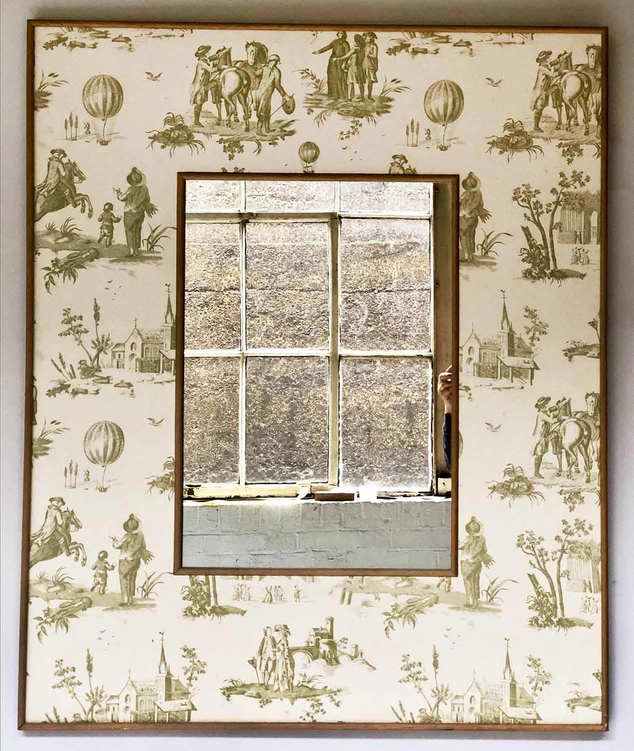 WALL MIRROR, French Chateau style rectangular with broad 'Toile de Jouy' sage green cotton frame,