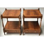 ETAGERES/LAMP TABLES, a pair, Georgian design yewwood, each with drawer and undertier. (2)