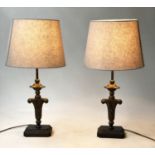 LAMPS, a pair, early 20th century bronze with acanthus leaf column and plinth base (with shades),